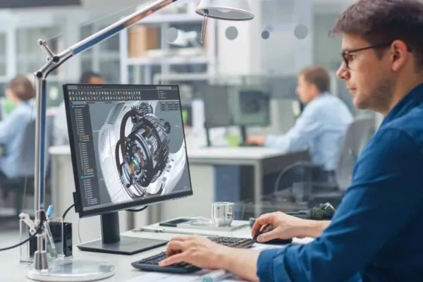 Over the Shoulder Shot of Engineer Working with CAD Software on Desktop Computer, Screen Shows Technical Details and Drawings. In the Background Engineering Facility Specialising on Industrial Design | Structural and Civil Engineering Professors get Free Engineering Software for their Students